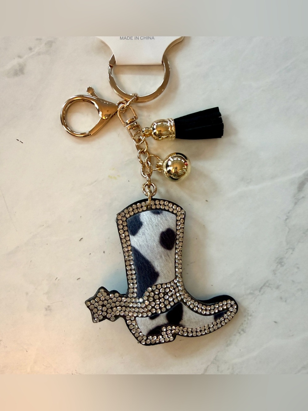 ✨ Giddy Up! Western Rhinestone Black & White Cowhide Cowboy Boot Puffy Keychain - Picture 1 of 7